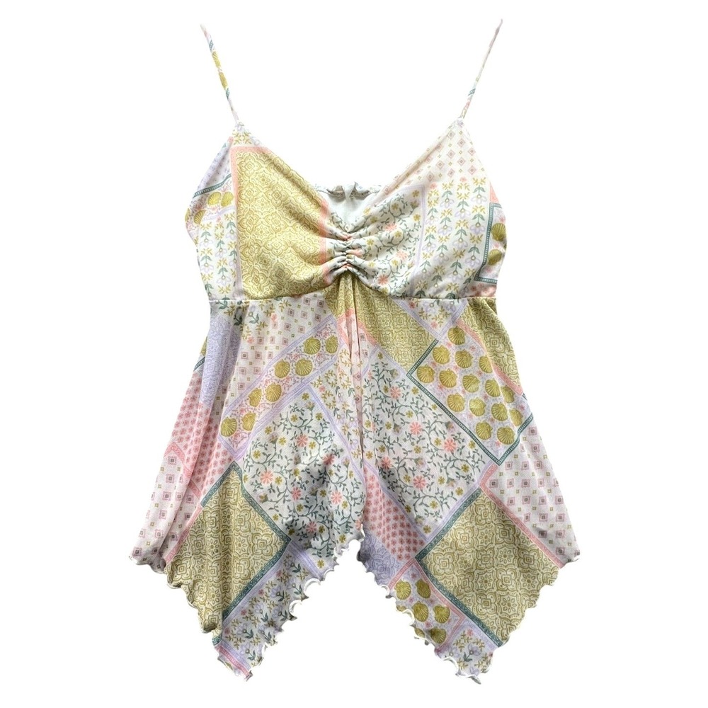 See You Monday Women's XL Pastel Patchwork Seashell Mesh Cami Handkerchief Top